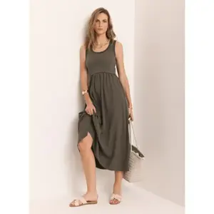 Mint Velvet Khaki Ruched Trim Cotton Midi Dress